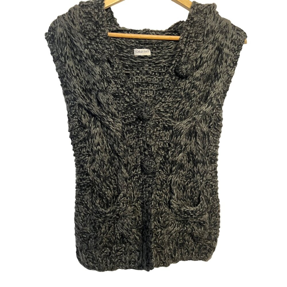 Calypso St. Barth Women Hand-3D Chunky Cable Knit Wool Blend Vest Pckts S/M Hood